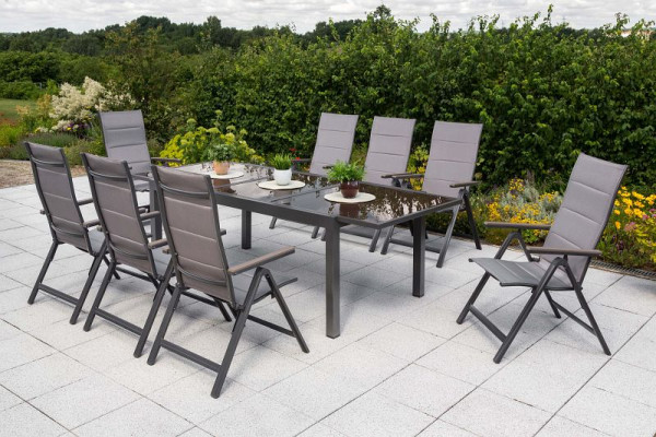 Merxx Trivero Set 9-teilig, 8 Klappsessel, gepadded, 1 Ausziehtisch, 140 (200) x 90 cm, braune Glasplatte, graphit/diamantbraun, 50293-217