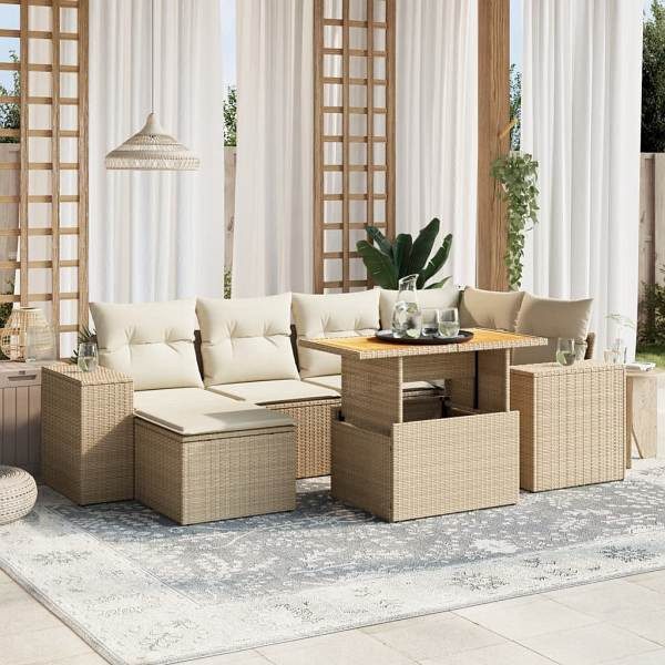 vidaXL 7-tlg. Garten-Sofagarnitur mit Kissen Beige Poly Rattan, UV-beständig, 3272738