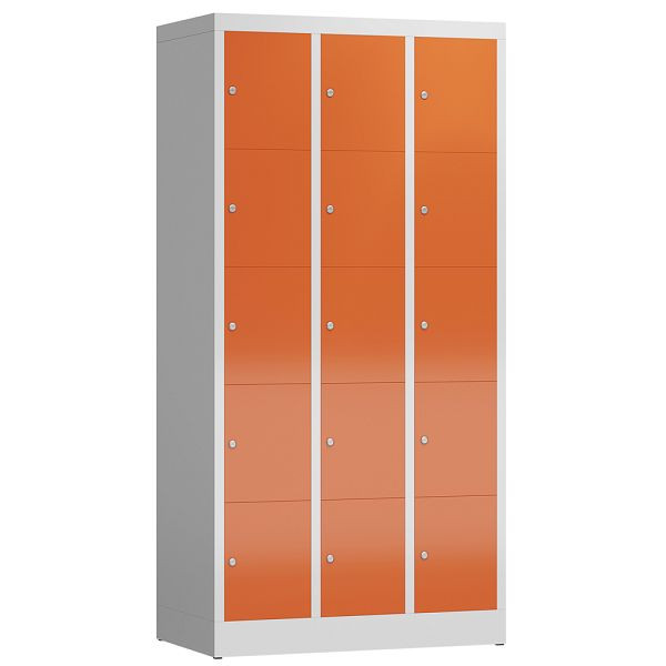 Lüllmann ClassiX Schließfachschrank, 3 Abteile à 5 Fächer, 1800 x 870 x 500 mm, lichtgrau/feuerrot, X-520534