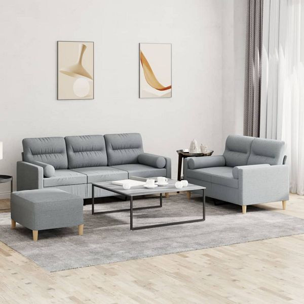 vidaXL 3-teilig Sofagarnitur mit Kissen Hellgrau Stoff, 3201624