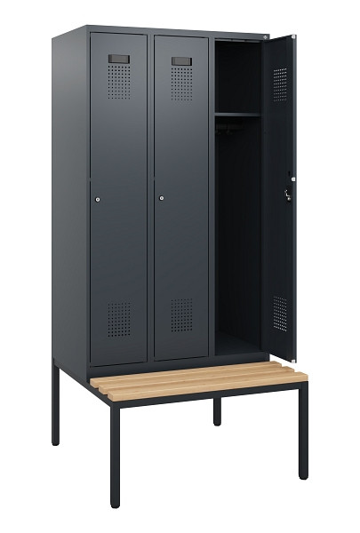 C+P Spind Evolo PLUS, 3 Abteile, 1950x900x815mm, 7016/7016, Zylinderschloss, Sitzfläche Buche-Hartholz, Sitzbank, 0490505-30 S10043