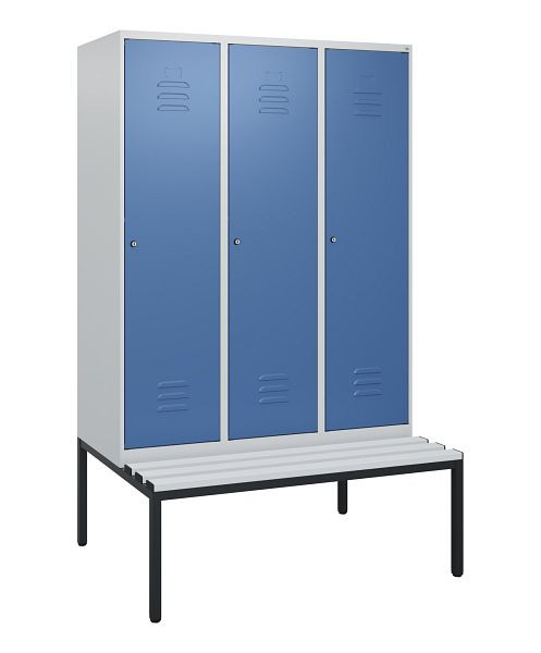 C+P Umkleidespind Classic PLUS, mit untergebauter Sitzbank, 3 Abteile, 1950x1200x815mm, 7035/5023, Zylinderschlösser, 0800505-32 S10050