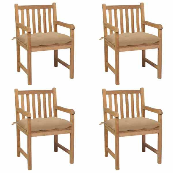vidaXL Gartenstühle 4 Stück mit Beigen Kissen Massivholz Teak, 3073022