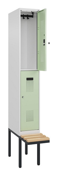 C+P Doppelstock-Spind Evolo PLUS, Bank, 2 Fächer, 2120x300x815mm, 9016/6019, Zylinderschloss, Sitzfläche Buche-Hartholz, 0493407-10 S10046