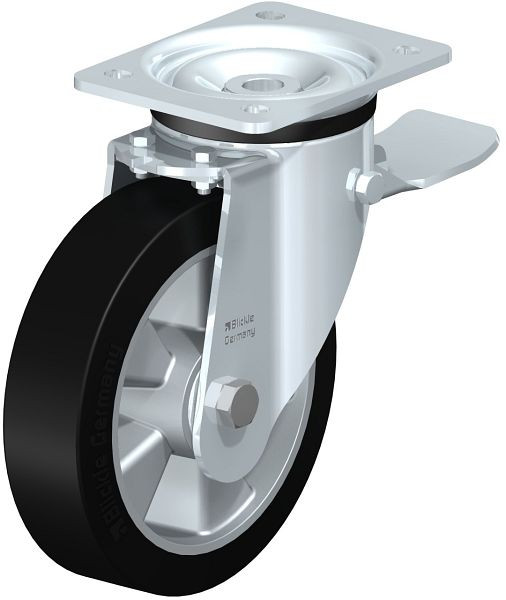 Blickle LK-ALEV 180K-ST Stahlblech-Lenkrolle, schwere Ausführung, mit Anschraubplatte & Feststeller, Elastik-Vollgummi, Schwarz, 366500
