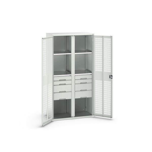 bott verso Garderobenschrank mit Belüftung, mit 4 Fachböden und 8 Schubladen, BxTxH: 1050 x550 x 2000 mm, Lichtgrau / Lichtgrau, 16926778.16