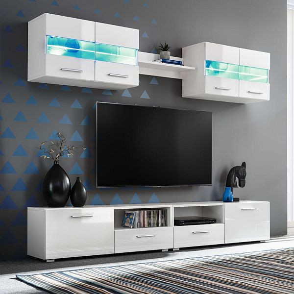 vidaXL 5-teilig TV-Wohnwand-Set mit LED-Leuchten Hochglanz-Weiß, 246027