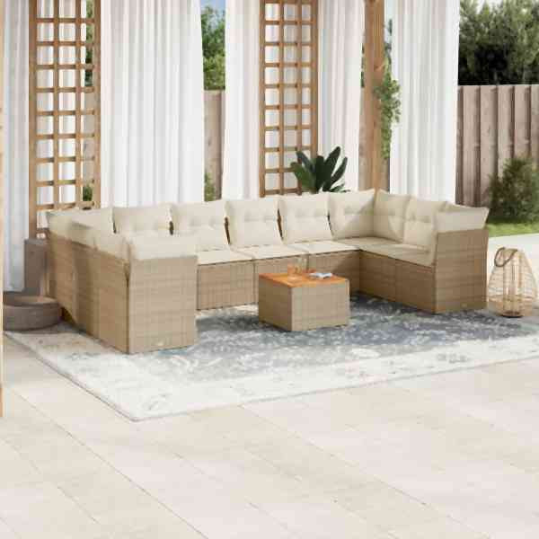 vidaXL 11-tlg. Garten-Sofagarnitur mit Kissen Beige Poly Rattan, UV-beständig, 3256163