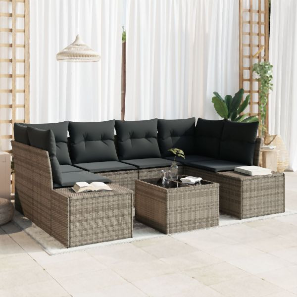 vidaXL 7-teiliges Garten-Sofa-Set mit Kissen Grau Poly-Rattan, 3355628