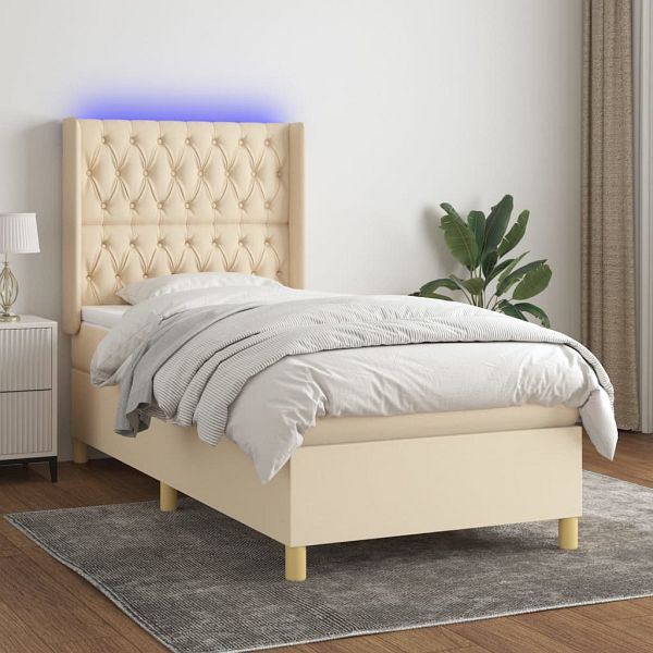 vidaXL Boxspringbett mit Matratze & LED Creme 90x190 cm Stoff, 3139082