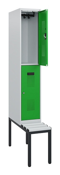C+P Doppelstöckiger Spind Evolo PLUS, Bank, 2 Fächer, 1950x300x815mm, 7035/6037, Zylinderschloss, Sitzfläche Kunststoff, Sitzbank, 0493505-10 S10146