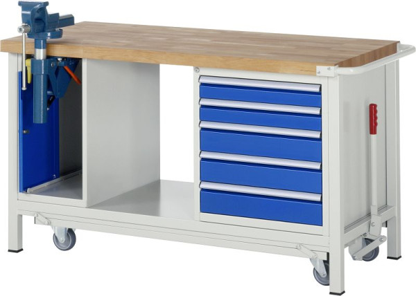 RAU Absenkbare Werkbank 8000 - Modell 8187, B1500 x T700 x H880 mm, 5 x Schublade-Größe-L 2xH90, 3xH120 mm, 05-8187A6-157B4F.11