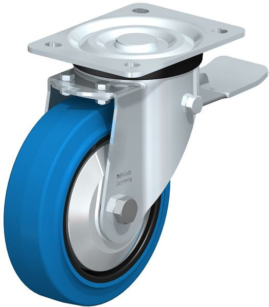Blickle L-POEV 160KD-ST-SB-FA Stahlblech-Lenkrolle, mittelschwere Ausführung, mit Anschraubplatte & Feststeller, Elastik-Vollgummi, Blau, 749364