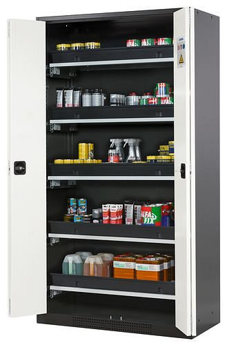asecos Chemikalienschrank Systema-T CS-105F, Korpus anthrazit, Falttüren weiß, 5 Tablarauszüge, 209023