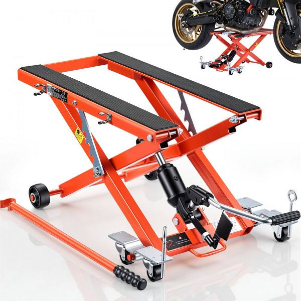 VEVOR Hydraulischer Motorradheber 499 kg, 120–385 mm höhenverstellbar, mit 6 Rädern, Fußbedienung, für Dirtbike/ATV/Cruiser, Orange, MTCXXSJJCHS1IMC5C001V0