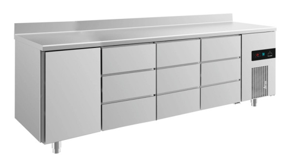 A&S Polarny Kühltisch -2 bis +8°C mit 1x Tür links, 3x drei Schubladen, 2330 x 700 x 850 mm, mit Aufkantung, KT4TDDDA