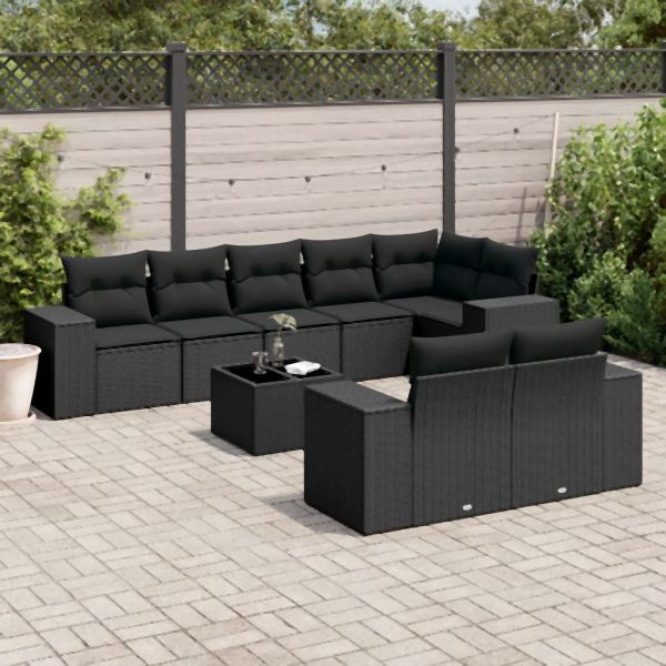 vidaXL 9-tlg. Garten-Sofagarnitur mit Kissen Schwarz Poly Rattan, 3255162