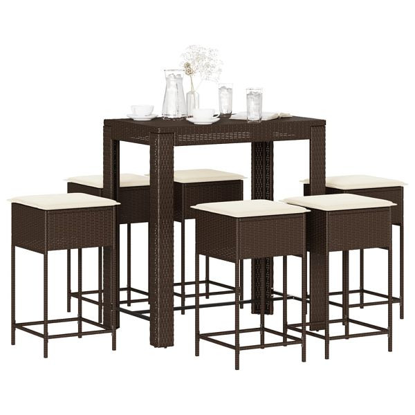 vidaXL 7-tlg. Gartenbar-Set mit Kissen Braun Poly Rattan, 3261453