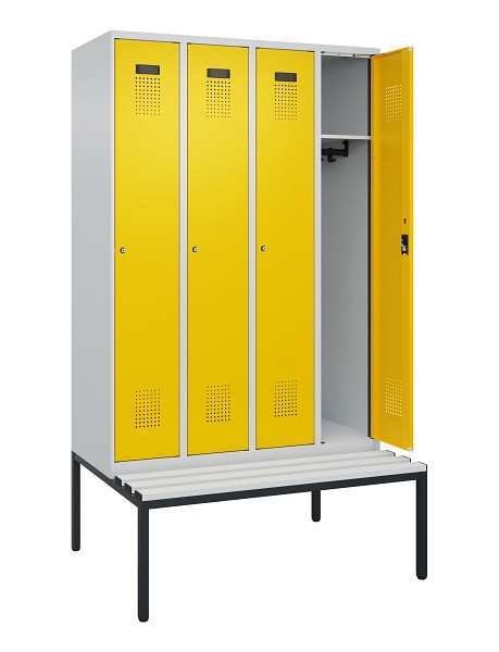 C+P Spind Evolo PLUS, 4 Abteile, 2120x1200x815mm, 7035/1023, Haken 3, Zylinderschloss, Sitzfläche Kunststoff, Sitzbank, 0490507-40 S10082