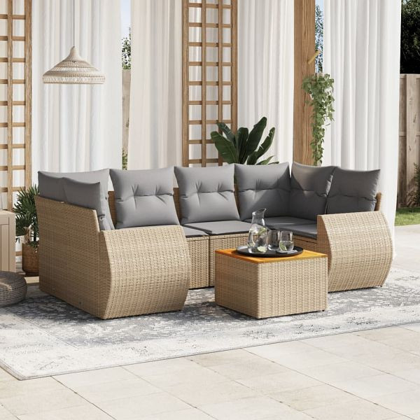 vidaXL 7-teilig Garten-Sofagarnitur mit Kissen Beige Poly Rattan, 3224904