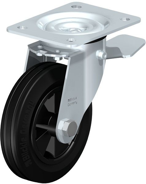 Blickle LE-VPP 150G-ST Stahlblech-Lenkrolle mit Anschraubplatte & Feststeller, Vollgummi, Schwarz, 684100