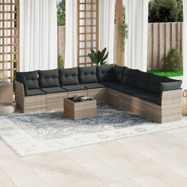 vidaXL 10-tlg. Garten-Sofagarnitur mit Kissen Hellgrau Poly Rattan, 3217792