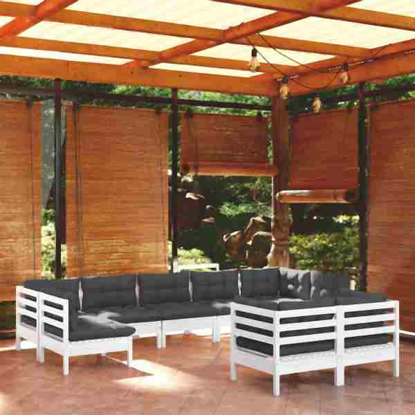vidaXL 9-tlg. Garten-Lounge-Set mit Kissen Weiß Kiefer Massivholz, 3097248