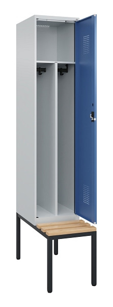 C+P Spind Evolo PLUS, 1 Abteile, 2120x400x815mm, 7035/5023, Haken 4, Zylinderschloss, Sitzfläche Buche-Hartholz, Sitzbank, Trennwand, 0490507-12F S10035