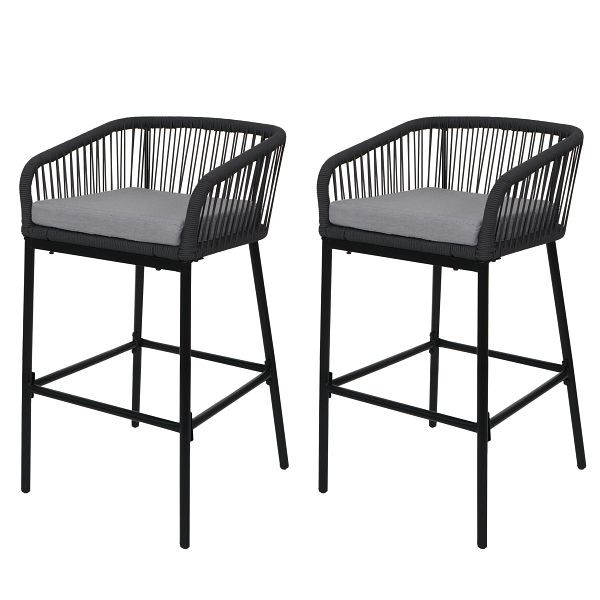 Mendler 2er-Set Rope-Barhocker HWC-O22, Tresenhocker, Outdoor Sitzpolster Seilgeflecht Metall, anthrazit, Kissen hellgrau, 110995