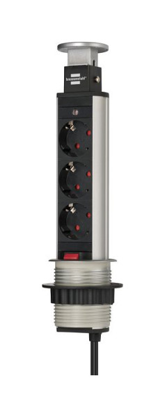 Brennenstuhl Tower Power, Tischsteckdosenleiste 3-fach (versenkbare Steckdosenleiste, 2m Kabel) alu / schwarz, 1396200003