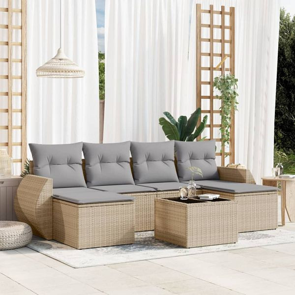 vidaXL 7-teilig Garten-Sofagarnitur mit Kissen Beige Poly Rattan, 3254066