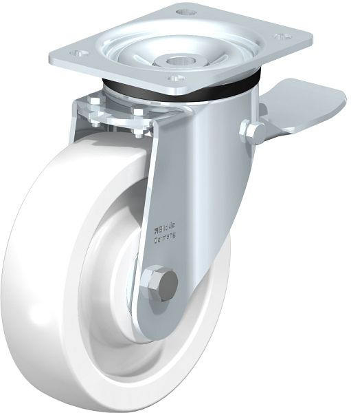 Blickle LK-SPO 175K-ST Stahlblech-Lenkrolle, schwere Ausführung, mit Anschraubplatte & Feststeller, Polyamid, Weiß, 22897