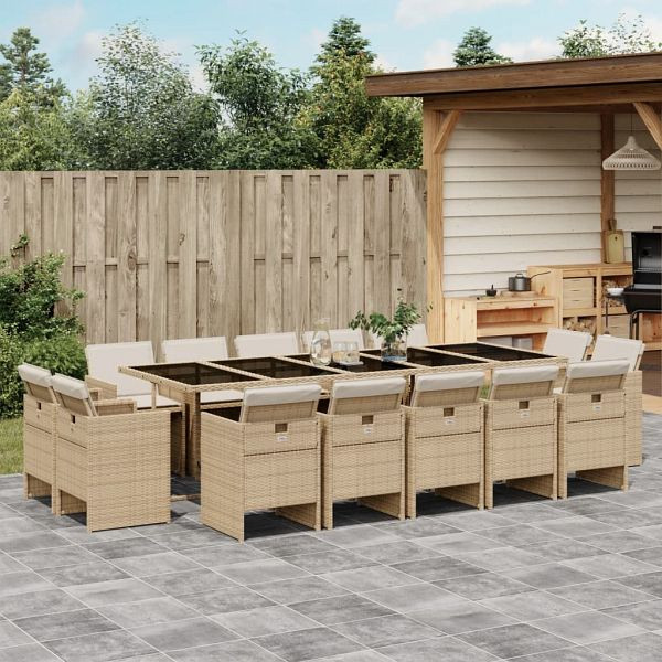 vidaXL 15-teilig Garten-Essgruppe mit Kissen Beige Poly Rattan, 3277821