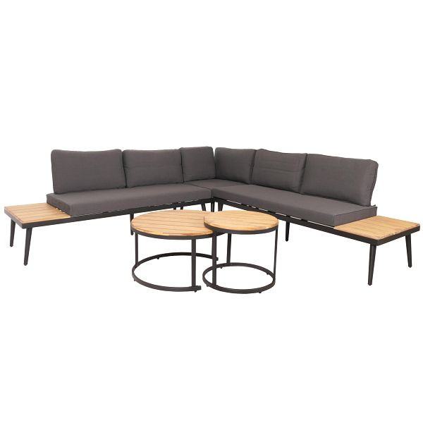 Mendler Garten-Garnitur HWC-H54c, Lounge-Set, Beistelltisch Spun Poly Akazie Holz Stahl, hellbraun, Kissen dunkelgrau, 106214+106215