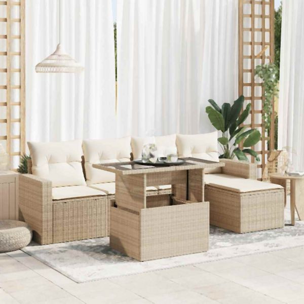 vidaXL 6-tlg. Garten-Sofagarnitur mit Kissen Beige Poly Rattan, 3326299