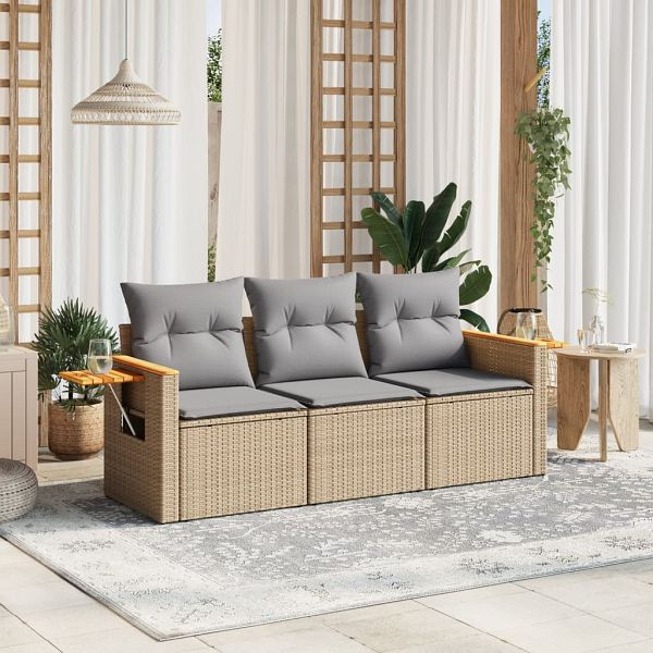 vidaXL 3-teilig Garten-Sofagarnitur mit Kissen Beige Poly Rattan, 3226598