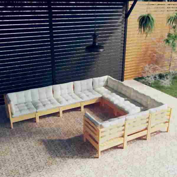 vidaXL 10-tlg. Garten-Lounge-Set mit Creme Kissen Kiefernholz, 3096995