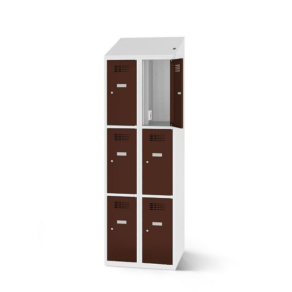 Rotstahl Fächerschrank, 6 Fächer, kurzer Sockel, mit Ladefunktion, Schrägdach, Korpus: lichtgrau, Türen: mahagoni, 2180-020300-0601112-7035-8016