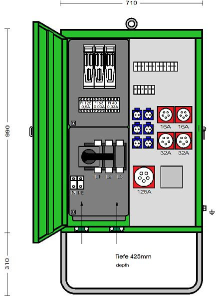 Elektra Tailfingen Verteilerschrank 138 kVA mit RCD Typ B und 2 RCD Typ A, 5 CEE-Abgänge 16-125A und 6 Steckdosen, V 200N/A/62201-3 V2, 183287