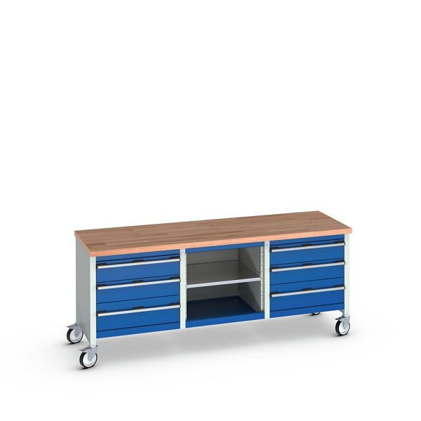 bott cubio Kastenwerkbank mobil 6 Schubladen, Ablage, Rotbuche-Arbeitsplatte, BxTxH: 2000x750x840mm, RAL 7035/5010, Enzianblau, 41002131.11V