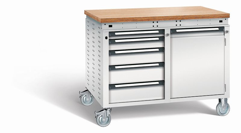 Otto Kind Werkbank Serie function Typ 253 fahrbar, Multiplexplatte 40 mm, bündig, 2x Unterbau, komplett RAL 7035, 072384117