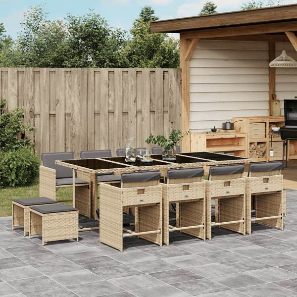 vidaXL 13-tlg. Garten-Essgruppe mit Kissen Beigemischung Poly Rattan, UV-beständig, 3277931