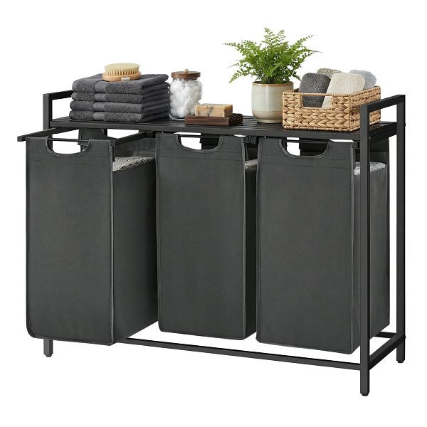 VASAGLE Wäschekorb, Wäschekorb mit drei Fächern, ausziehbare und abnehmbare Wäschetüten, 3 x 38L, 92,5 x 33 x 72 cm, schwarz und grau, BLH301G01