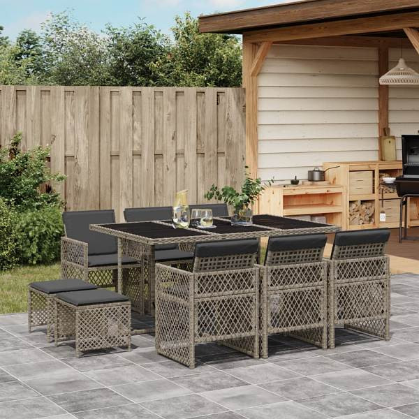 vidaXL 11-tlg. Garten-Essgruppe mit Kissen Grau Poly Rattan, UV-beständig, 3210788