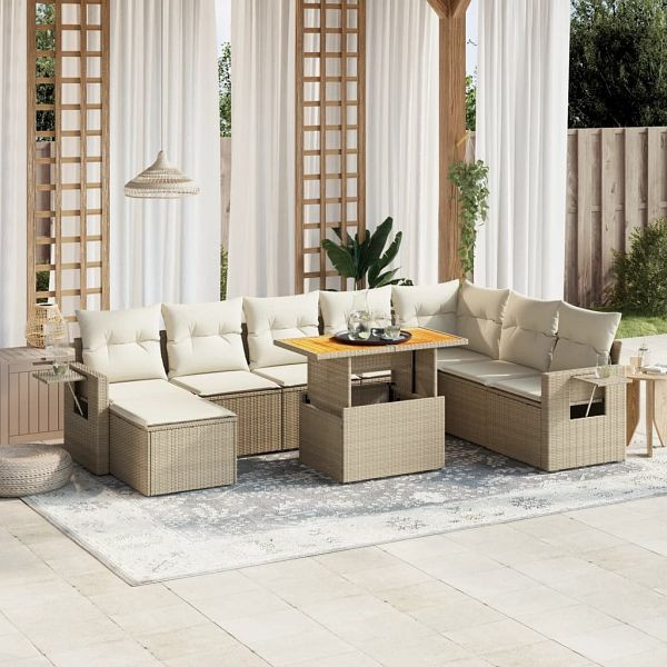 vidaXL 9-teilig Garten-Sofagarnitur mit Kissen Beige Poly Rattan, 3275739