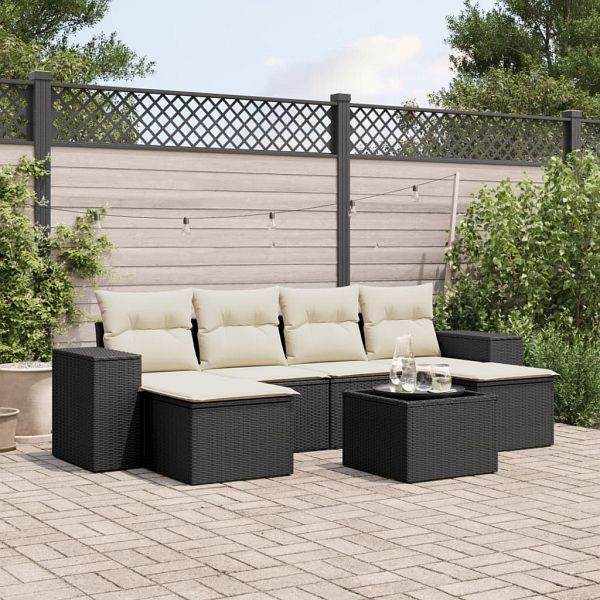 vidaXL 7-teilig Garten-Sofagarnitur mit Kissen Schwarz Poly Rattan, 3255263