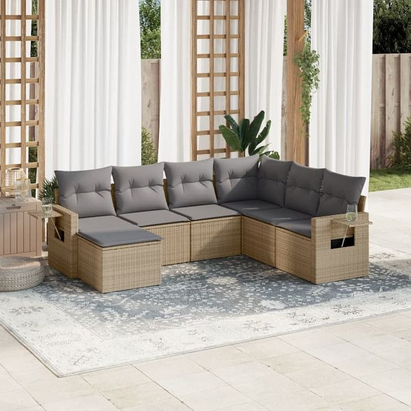 vidaXL 7-teilig Garten-Sofagarnitur mit Kissen Beige Poly Rattan, 3252836