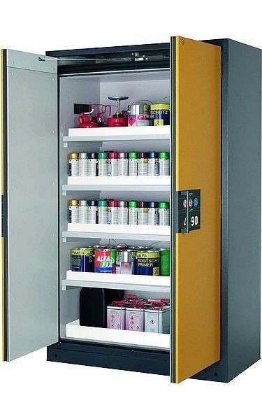 asecos Sicherheitsschrank Q-PEGASUS-90, Q90.195.120.WDAC in sicherheitsgelb RAL 1004 mit 4x Wannenboden Standard (Polypropylen), 30002-040-30014