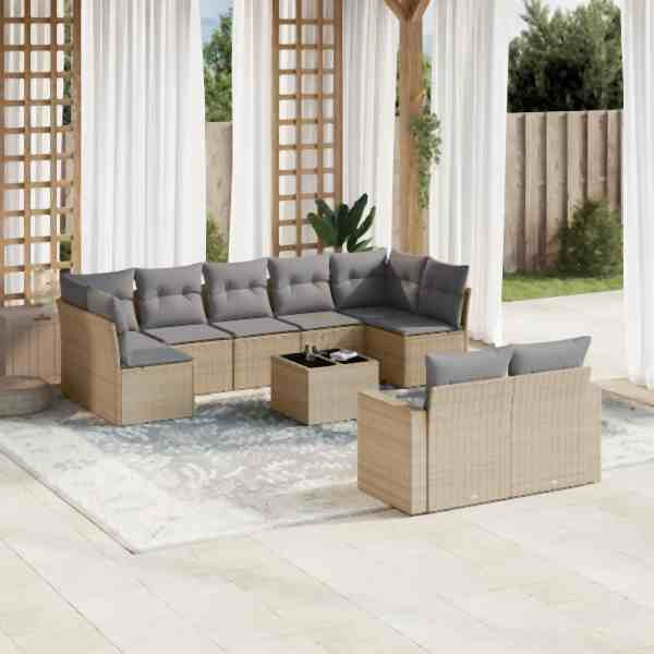 vidaXL 10-tlg. Garten-Sofagarnitur mit Kissen Beige Poly Rattan, UV-beständig, 3219419