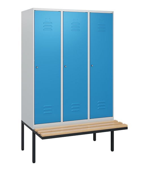 C+P Umkleidespind Classic PLUS, 3 Abteile, 1950x1200x815mm, 7035/5012, Zylinderschlösser, Buche-Sitzleisten, 0800405-32 S10019